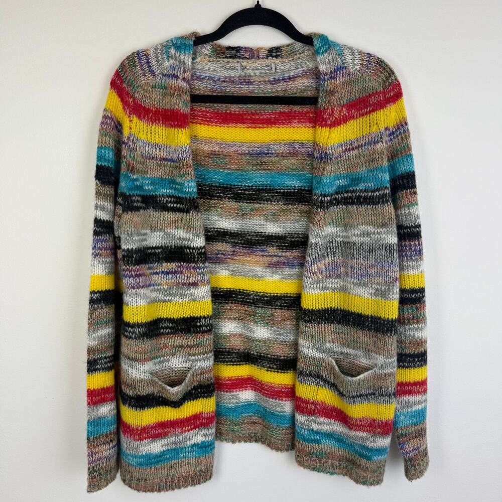 Misslook Womens Multi Stripe Open Front Yellow/Grey/Red Knit Sweater Cardigan